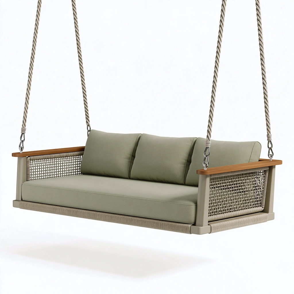 Huśtawka ogrodowa 200 x 80 x 65 cm z aluminium i plecionki syntetycznej w kolorze oliwkowym - wisząca sofa trzyosobowa