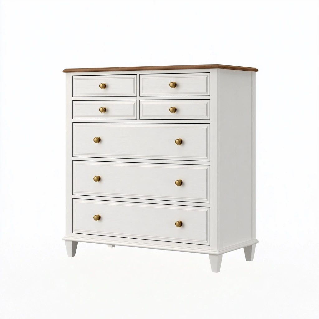 Komoda 100 x 45 x 120 cm biała z drewnianym blatem i 7 szufladami w stylu klasycznym