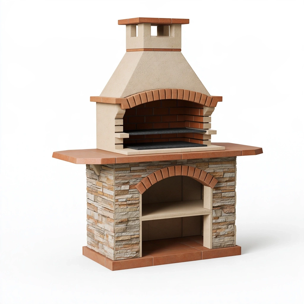 Grill ogrodowy murowany 140 x 80 x 230 cm z kamienia i cegły terakotowy - z kominem i półką