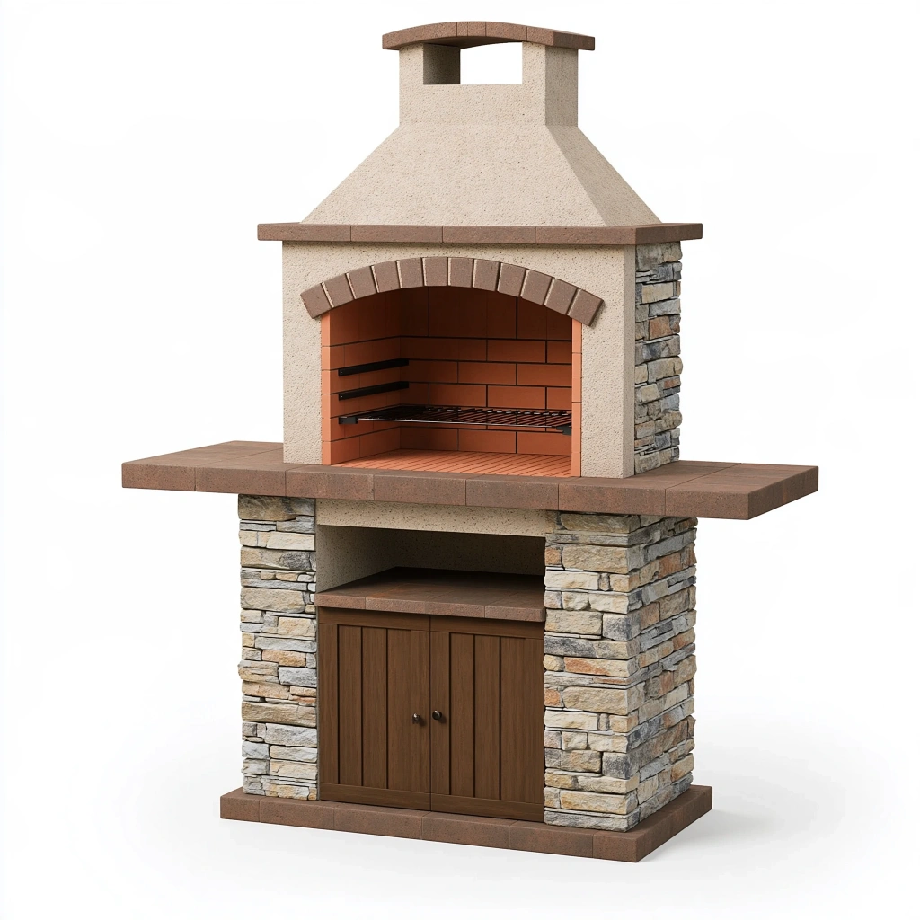 Grill ogrodowy murowany 180 x 90 x 230 cm z betonu cegły i kamienia beżowo brązowy rustykalny